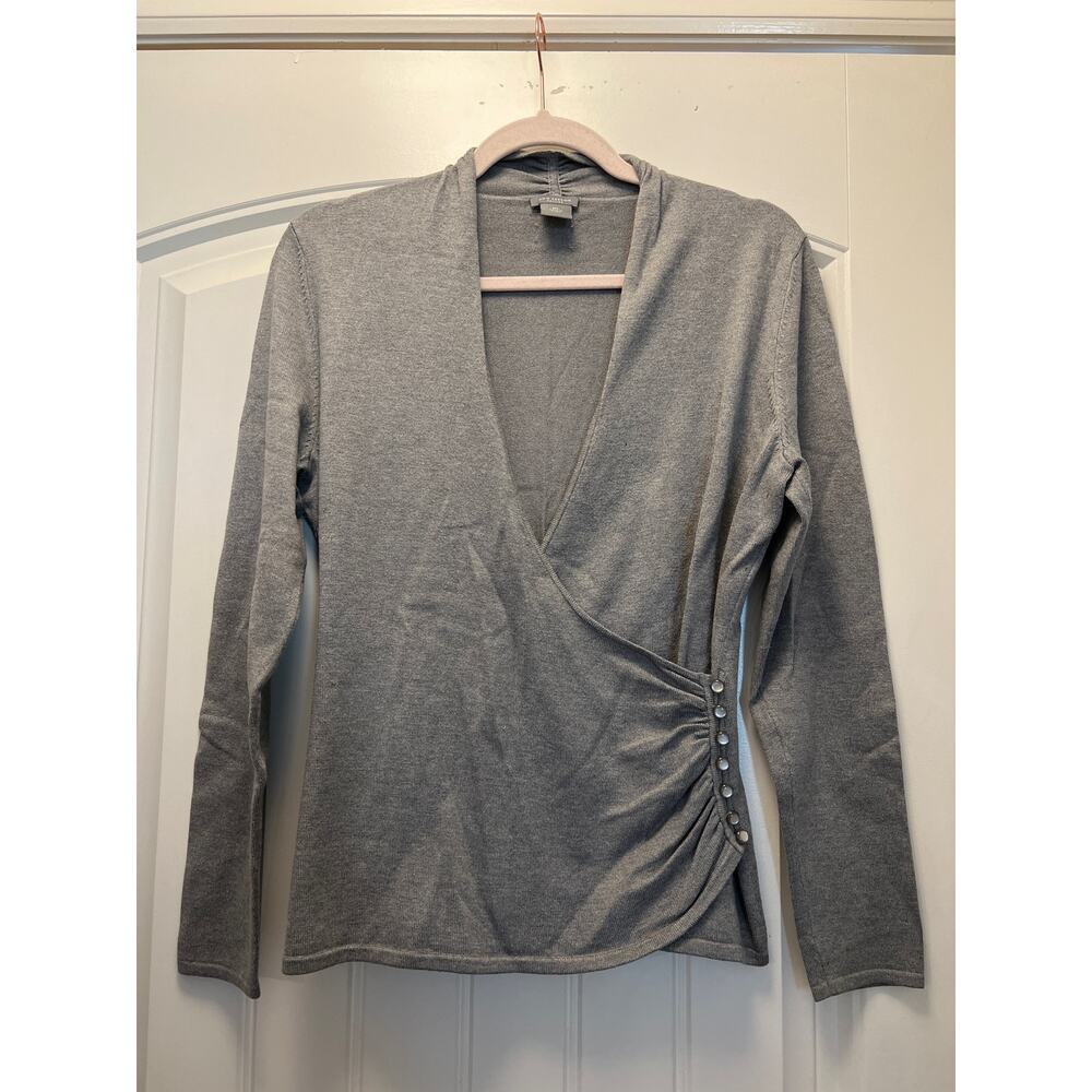 Ann Taylor Petites Women’s V-Neck Button Side Wrap Ruched Sweater Size MP Gray